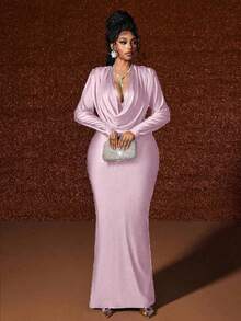 Maweii Plus Size Deep V-Neck Ruched Party Dress Fall - Mauve Purple - View 5