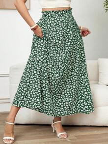 SHEIN Clasi 大码女式碎花荷叶边腰部休闲半身裙 - 綠色 - 查看 4