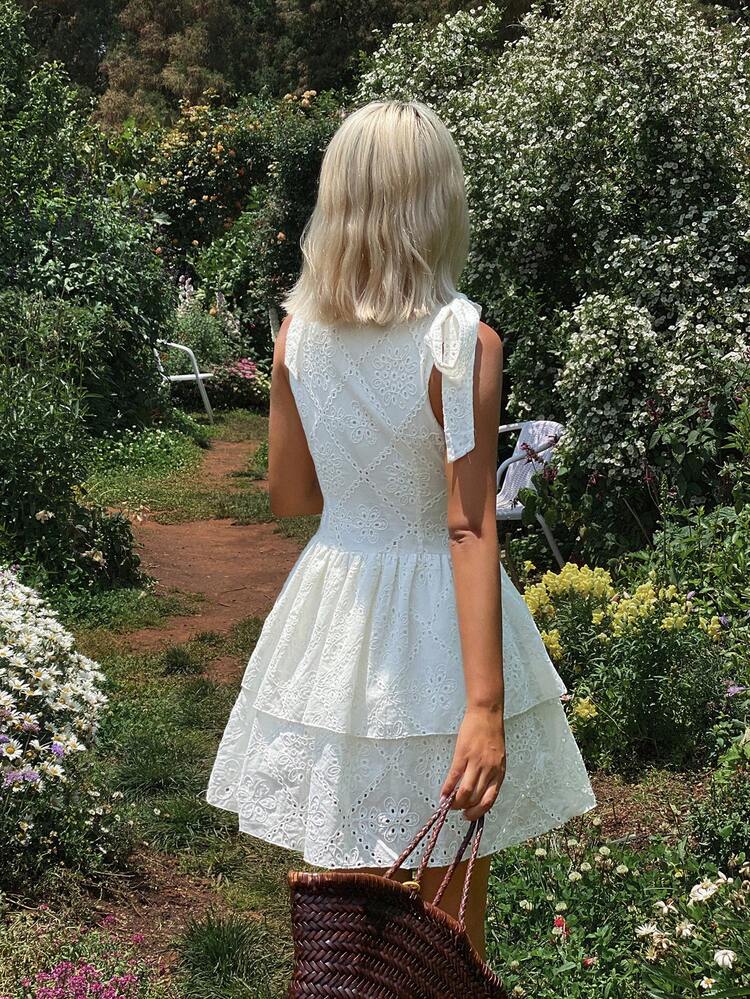 Embroidered Jacquard Fabric Fitted Waist Deep V Bow Tie Short Dress, Elegant Summer Holiday Dress For Women