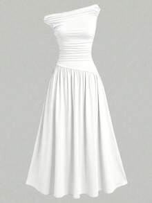 Girlism Tween Girls' White Knit Ruched Waist A-Line Long Dress, Elegant Versatile Simple White Dress - White - View 2