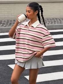 Muchica T-shirt à rayures rose et marron, top en maille à manches courtes coupe ample décontractée style preppy pour la rentrée scolaire, t-shirt streetwear sportif Y2K doux et confortable, vêtement polyvalent pour le quotidien, top polo oversize mignon pour la rentrée, les voyages et l'extérieur, chemise rétro à col décontractée, style campus, pour l'école en été et la rentrée scolaire - Rose bonbon - Voir 1