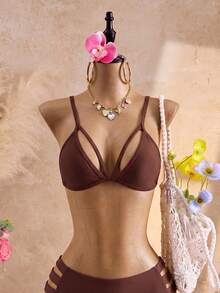 Swim SXY Áo bikini gợi cảm màu trơn dành cho nữ cỡ lớn, thích hợp mặc đi biển vào mùa hè. - màu nâu - Xem 7