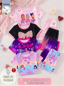 SHEIN 2件套 女童针织可爱图案圆领修身T恤和短裤睡衣套装 - 彩色 - 查看 1