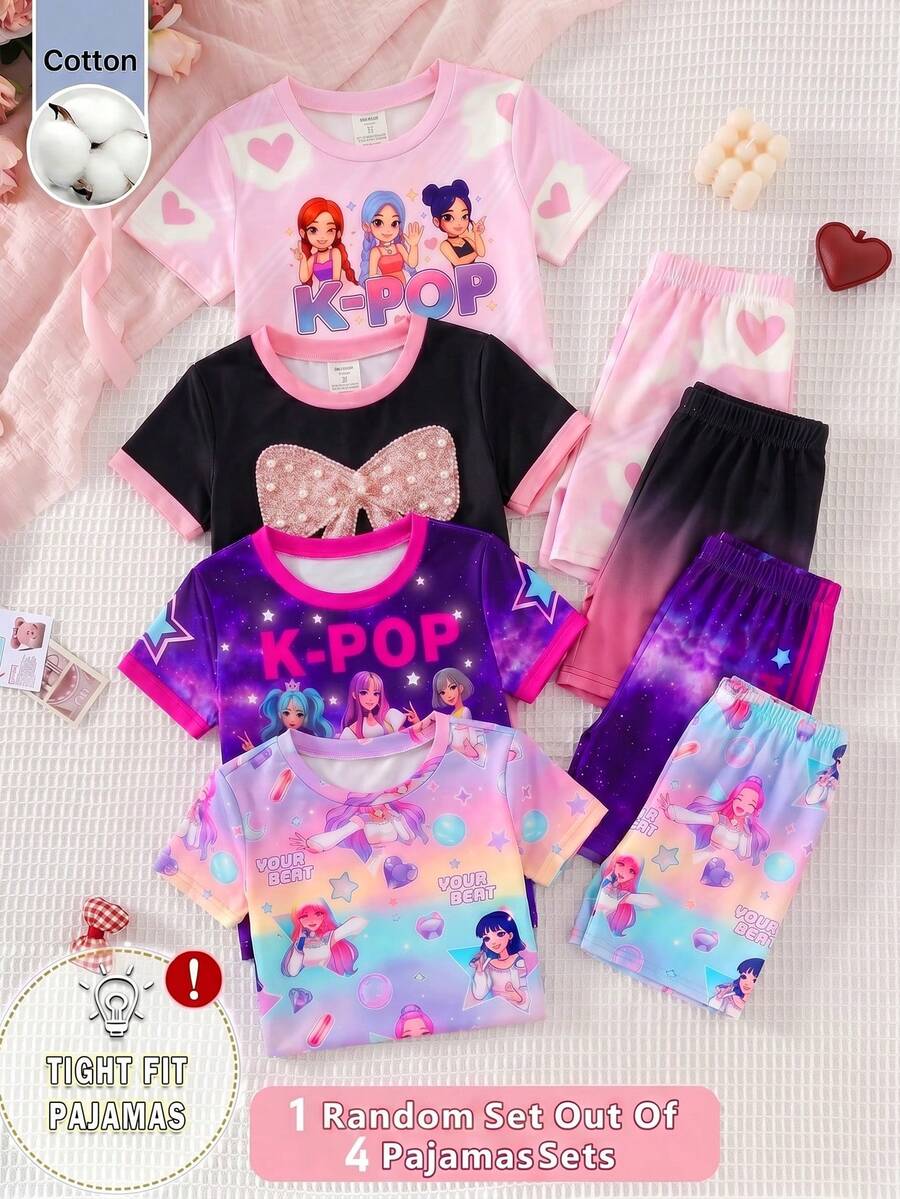SHEIN 2件套 女童针织可爱图案圆领修身T恤和短裤睡衣套装 - 彩色 - 查看 1