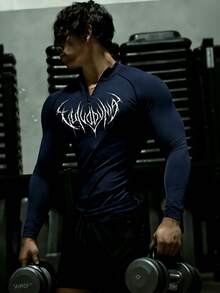 GymBeat Kaos Olahraga Pria Lengan Panjang dengan Motif Cetak dan Resleting Setengah Plaket, untuk Gym - Navy Blue - View 3