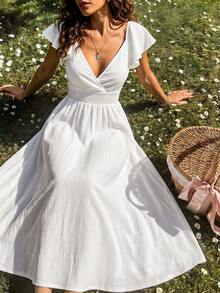 SHEIN Đầm maxi trắng thanh lịch – Cổ chữ V sâu, tay bồng, chân váy xòe. - trắng - Xem 2