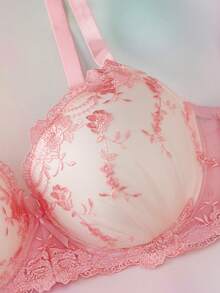 Elorette 2pcs Floral Embroidery 3/4 Cup Padded Push Up Bra Set, Supportive, Cute, Romantic, Comfortable, Plus Size Lingerie Set - Pink - View 3