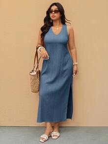 Elaquor Plus Size Casual Vacation V-Neck Lace Patchwork Split Dress - Blue - View 6