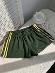 Comfortcana 女士夏季休闲运动日常通勤华夫格面料橄榄绿浅黄条纹侧边宽松短裤 - 橄欖綠 - 查看 6