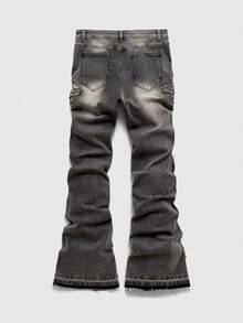 ROMWE MEN Men's Rivet Decor Frayed Hem Layered Denim Jeans - Black - View 2