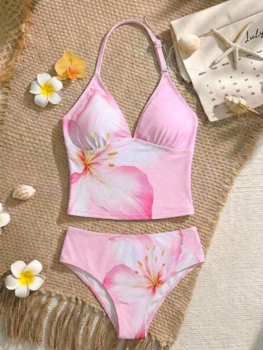SHEIN Girlism Teen Girls Spring/Summer Pink Spaghetti Strap Floral Print Beach Vacation Swimsuit Set 2pcs Teen Girl - Pink - View 1