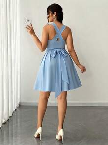 Vestido de mujer talla grande de elegante unicolor, de tela de alta elasticidad, con diseño de tirantes finos, lazo en la cintura, cintura plisada, falda de talla grande, diseño versátil, adecuado para fiesta, festival de música, casual, vacaciones, cita nocturna, Día de San Valentín - Azul - Ver 2