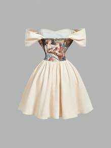 SHEIN MOD Women's Vacation Fashion Figure Print Strapless Dress - Khaki - View 6