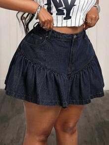 Slaydiva Plus Size Women High Waist Pockets Ruffle Hem Denim Mini Skirt - Blue - View 4