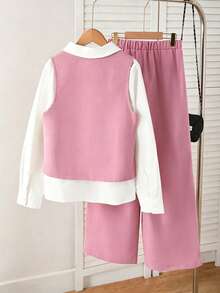 SHEIN Sparklyn Bộ 3 món cho bé gái tuổi teen, kiểu dáng thường ngày, gồm áo khoác không tay cổ chữ V có thắt lưng, áo sơ mi trắng dài tay và quần ống rộng thẳng, thích hợp cho mùa xuân và mùa thu. - Hồng - Xem 2