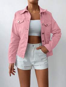 SHEIN Cottnline 98%Cotton Flap Pocket Button Front Denim Jacket - Baby Pink - View 5