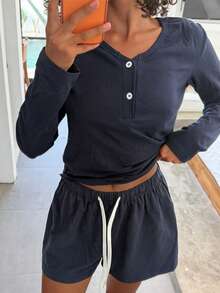 Livesso Women's Button-Up Long Sleeve Top And Drawstring Waist Shorts Pajama Set - Navy Blue - View 5