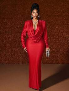 Maweii Plus Size Deep V-Neck Ruched Party Dress Fall - Red - View 1