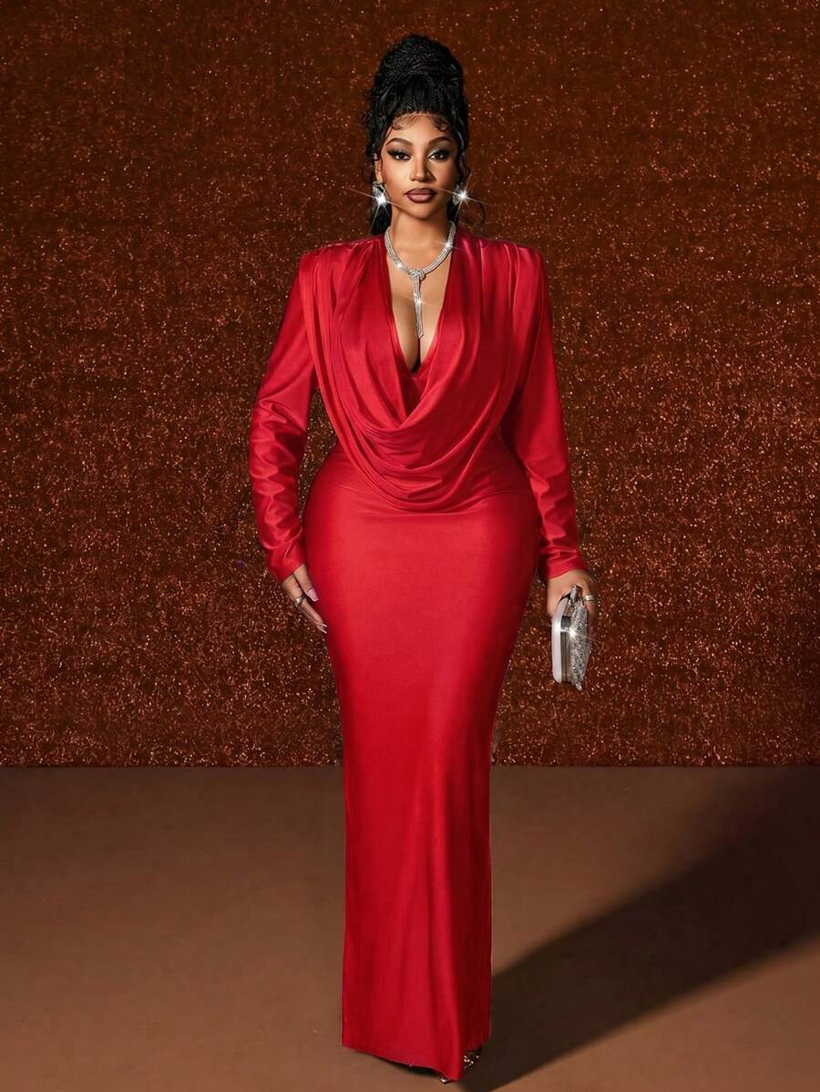 Maweii Plus Size Deep V-Neck Ruched Party Dress Fall - Red - View 1