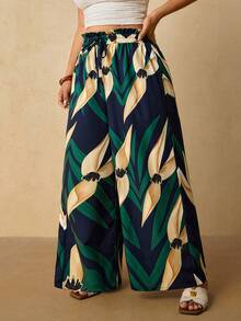 Travachic Plus Size Casual Vacation Floral Print Wide Leg Pants - Multicolor - View 1