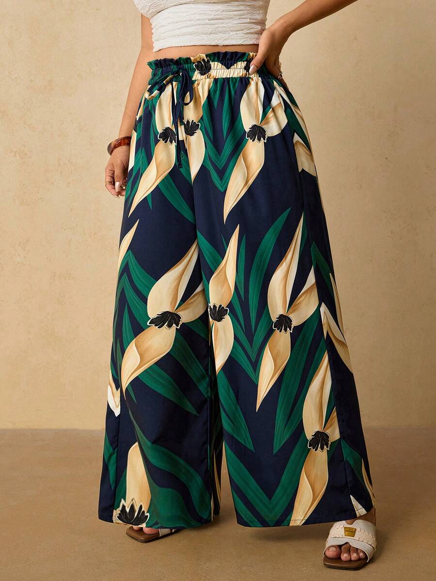 Travachic Plus Size Casual Vacation Floral Print Wide Leg Pants - Multicolor - View 1