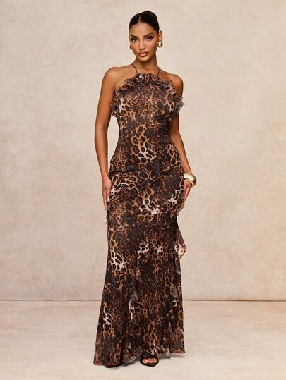 Lumalex Vestido largo halter con estampado de leopardo, ribete de volantes en capas, cintura fruncida, dobladillo asimétrico en cascada, superposición de malla transparente, silueta sirena ajustada, espalda descubierta con detalle de ojo de cerradura y estilo glamuroso y salvaje para la noche, perfecto para el verano, cruceros, fines de semana en la playa, vacaciones, fiestas, citas, bodas, graduaciones, banquetes, cumpleaños, carnavales, festivales, raves, reuniones y otros eventos festivos, vestido de invitada de boda, atuendos para Cancún, vestido de noche de lujo, encanto neo-femenino, estilo boho-casual, lujo discreto, elegancia de negocios, estilo clásico y elegancia relajada para vacaciones, ajustado con dobladillo de volantes, ideal para la oficina, ricamente superpuesto, ideal para ocasiones nocturnas al aire libre, vestido de verano