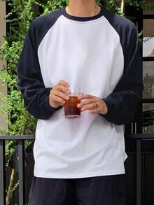 DAZY 秋季拼色男士 T 恤，男士休闲日常长袖衬衫，秋季 - 白色 - 查看 3