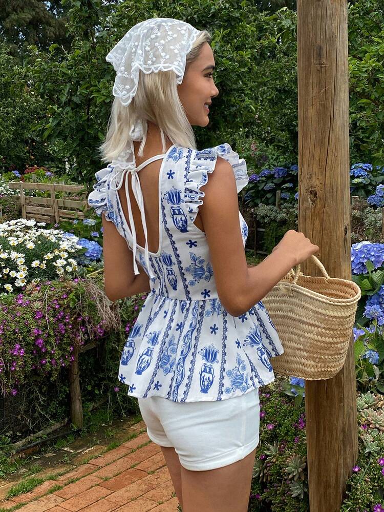 Women's Floral Print V-Neck Tie-Front Backless Ruffle Hem Elegant Summer Vacation Camisole Top