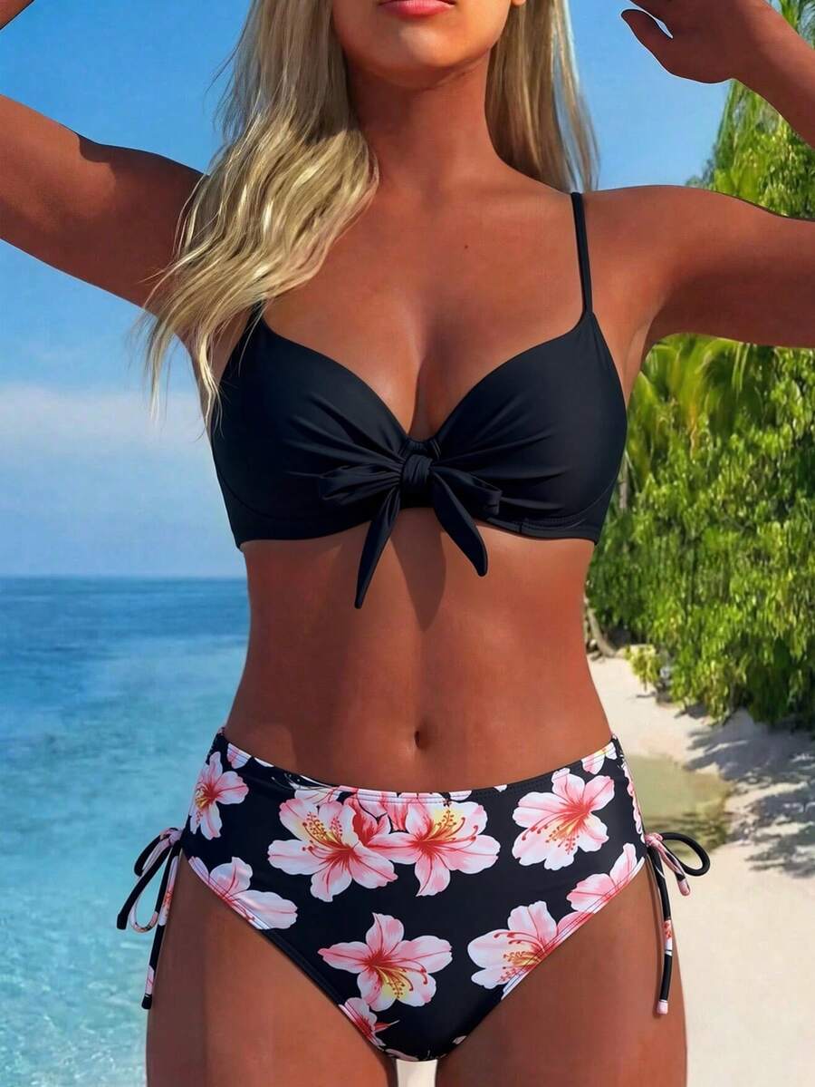 2件組 Swim Lushoire 成熟時尚性感泳裝套裝,純色繫帶泳裝上衣搭配植物印花短褲,夏季海灘度假適用 - 黑色 - 查看 1
