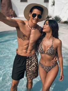 Manfinity KASUA Pantalones cortos de playa para hombre con estampado de leopardo, color de contraste, bolsillos inclinados y cintura con cordón, para vacaciones - Multicolor - Ver 6