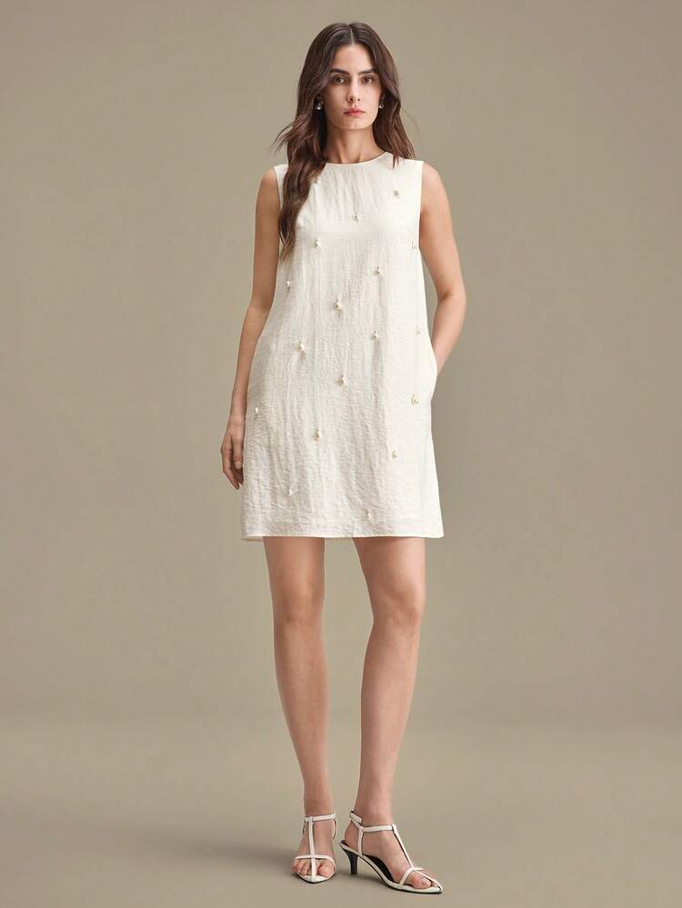 Linen Blend Sleeveless Midi Dress For Women,Off-White Summer Casual Occasion Wear,Round Neck Pearl Button Elegant Office Attire,Fitted Silhouette