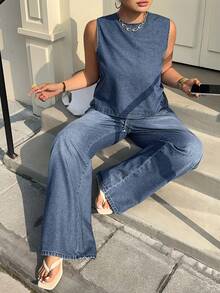 Dazy Plus Plus Size Women Blue Round Neck Short Sleeve Top And Loose Jeans Pants Set, Casual Spring/Summer Denim Outfit School - Dark Wash - View 4