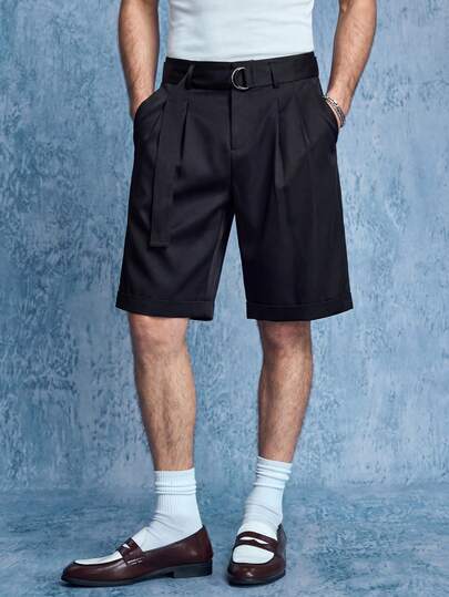 ROMWE MEN Men's Casual Solid Color Folded Pleated Shorts, Suitable For Spring And Summer
