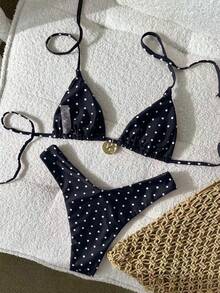 Swim Mod Women's Black & White Polka Dot Random Print Halter Metal Decor Bikini Set, Spring/Summer - Multicolor - View 5