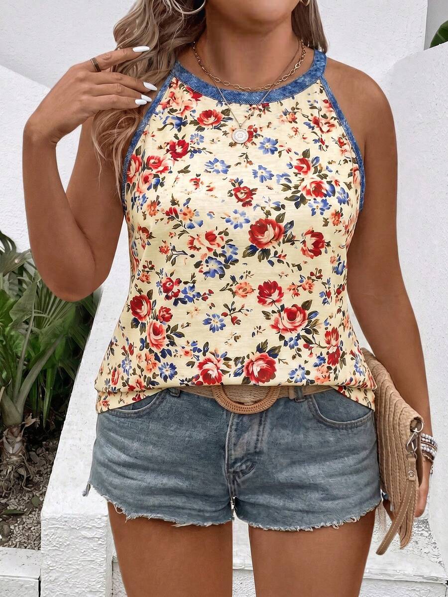 Women's Spring/Summer New Arrival Floral Print Faux Denim Patchwork Trim Casual Plus Size Camisole - Multicolor - View 1