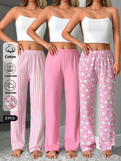 SHEIN Cute Bunny Print & Stripe Print Relaxed Casual 3 Pcs Multi Pack Lounge Bottoms