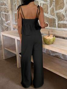 SHEIN EZwear 女士黑色梭织休闲套装 - 黑色 - 查看 2