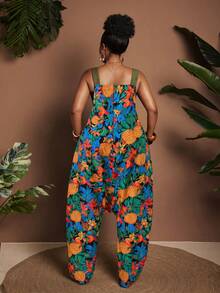 Maweii Women's Plus Size Summer Boho Vacation Holiday Navy Blue Jumpsuit,Casual Sleeveless Patchwork Printed Loose Harem Pocket Adjustable Shoulder Straps - Multicolor - View 3