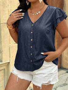 SHEIN VCAY Plus Size Women V-Neck Single-Breasted Fashionable Versatile Blouse, Suitable For Daily Commute - Navy Blue - View 6