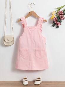 SHEIN Vintaside Kids 女婴牛仔背带裙，夏季新品，甜美花卉刺绣，荷叶边肩带设计，无袖粉色牛仔背带裙，可调节肩带，适合户外玩耍和亲子活动。 - 粉色 - 查看 3