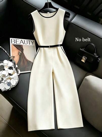 Franclia Women's Beige Jumpsuit, Women's Apricot Jumpsuit, Women's Elegant Jumpsuit, Women's Fitted Waist Jumpsuit, Women's Color-Blocked Jumpsuit, Women's Round Neck Jumpsuit, Women's Sleeveless Jumpsuit, Sleeveless Jumpsuit, Commuter Jumpsuit, Summer Jumpsuit, Summer Clothing, Simple And Stylish Jumpsuit, Women's Vacation Outfits, Women's Formal Jumpsuits, Wedding Jumpsuits, Women's Office Wear.Graduation Season Attire, Fashionable Casual Commuter Wear, Business Office Wear, Versatile And Stylish Everyday Casual Wear, Urban Teacher's Professional Attire