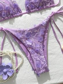 Costavie SHEIN Swim MOD 两件式花卉亮片纹理挂脖比基尼套装，蓝色，适合春夏海滩度假 - 紫色 - 查看 12