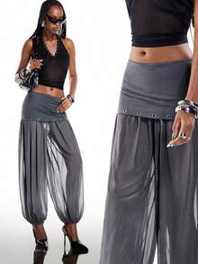 Airlisse Women's Fashionable Sexy Low-Waist 2 In 1 Metal Eyelet Decor Mesh Sheer Lantern Pants Girlisim Autumn Golf Pastal - Dark Grey - View 8