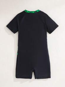SHEIN Tween Boy Casual Cartoon 67 Number Colorful Building Block Pattern One-Piece Swimsuit, Suitable For Beach, Swimming, Surfing - Black - View 4