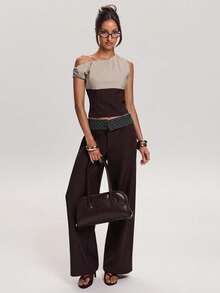 SHEIN BAE Pantalones casuales de moda para mujer con diseño de rayas y parches - Multicolor - Ver 3
