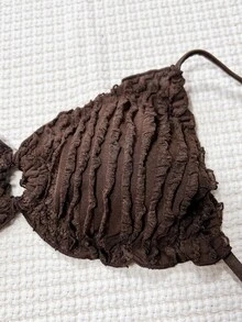 Swim Vcay Solid Color Jacquard Fabric Cute Frill Trim Tie Strap Casual Beach Bikini Set For Women - Coffee Brown - View 3