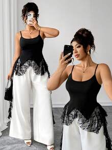 Calvaya Große Größen Elegantes Spitzen-Patchwork-Top mit Rüschen in Jellyfish-Form für Damen, gestricktes ärmelloses Top für Frühling/Sommer, vielseitig einsetzbar für Büro, Urlaub, Feiertage, Partys, Dates, Hochzeiten und Outdoor-Anlässe - Schwarz - Übersicht 9