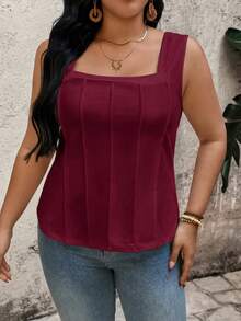 EMERY ROSE Plus Size Square Neck Tank Top, Vertical Pleats Design Flatters Figure, Loose & Comfortable Fit, Friendly Shoulder Straps - Burgundy - View 4