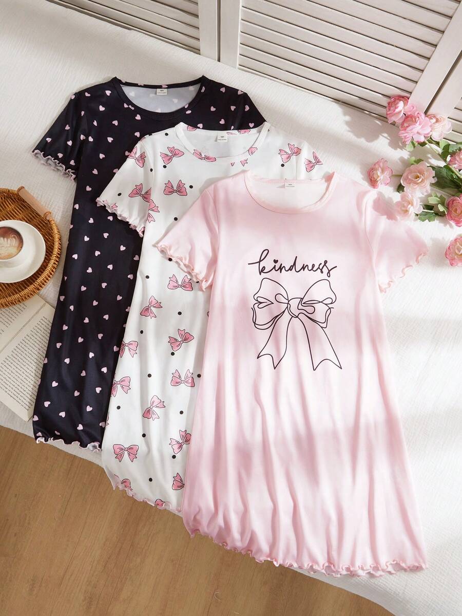 Tween GirlsSweet Pink Base Beautiful Bow & Cute Kitten Print A-Line 3 PiecesShort Sleeve Long Nightgown Pajama Set - Multicolor - View 1