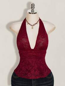 SHEIN ICON Y2k 女士黑色性感哥特风露背俱乐部演唱会蕾丝吊带深V领收腰A字露背吊带衫，夏季 - 酒紅色 - 查看 12
